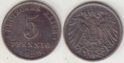1920 A Germany 5 Pfennig (EF) A008225